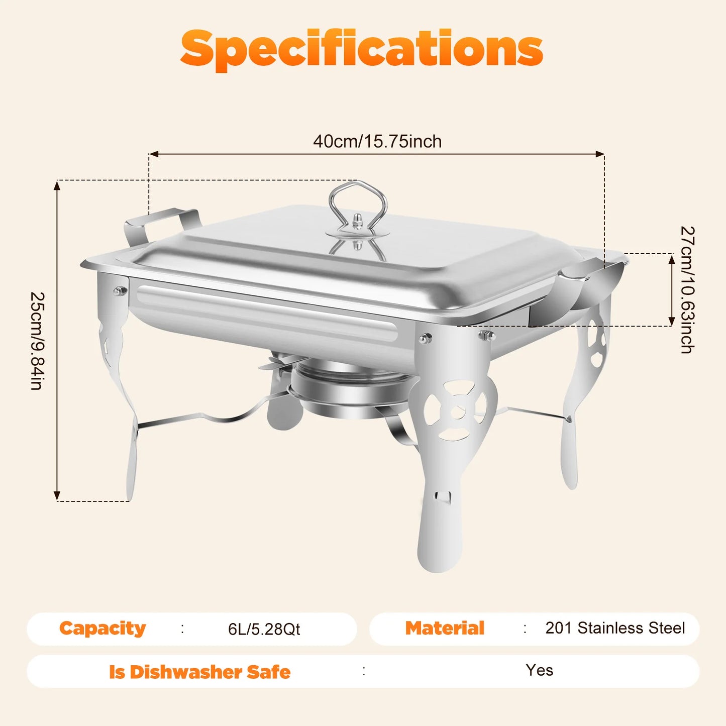 6L Chafing Dish Stainless Steel Dining Stove Heat Containers Chafing Dish Containers Food Warmer