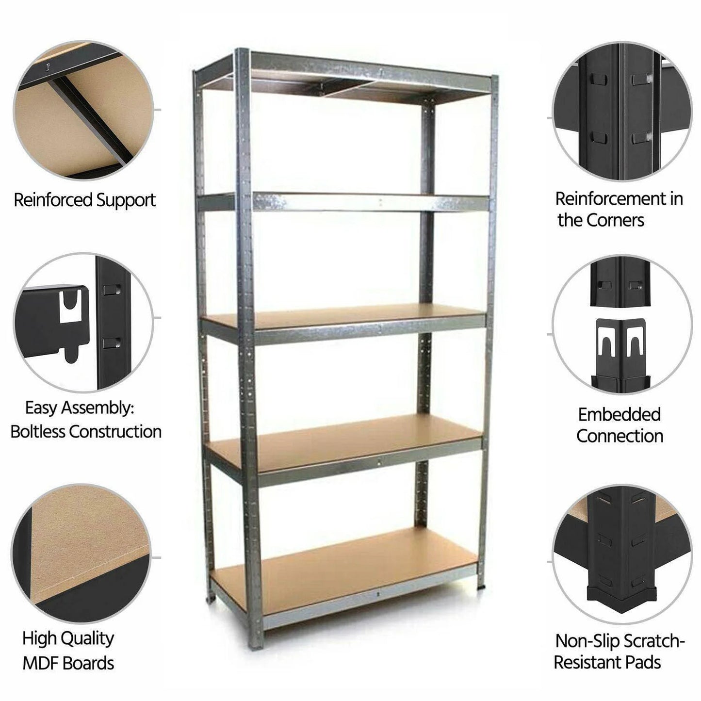 5 Tier Metel Garage Shelf Unit 150x70x30cm, Heavy Duty, Boltless Design, for Warehouse Workshop Office, 875kg Total Capacity