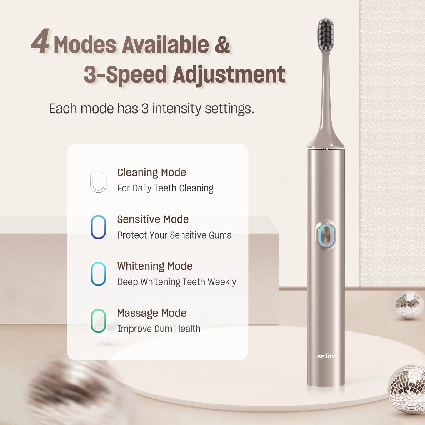 Sejoy Sonic Electric Toothbrush Set Teeth 4 Models Whitening Dental Cleaning IPX7 Waterproof Electronic Tooth Brush 8 Heads