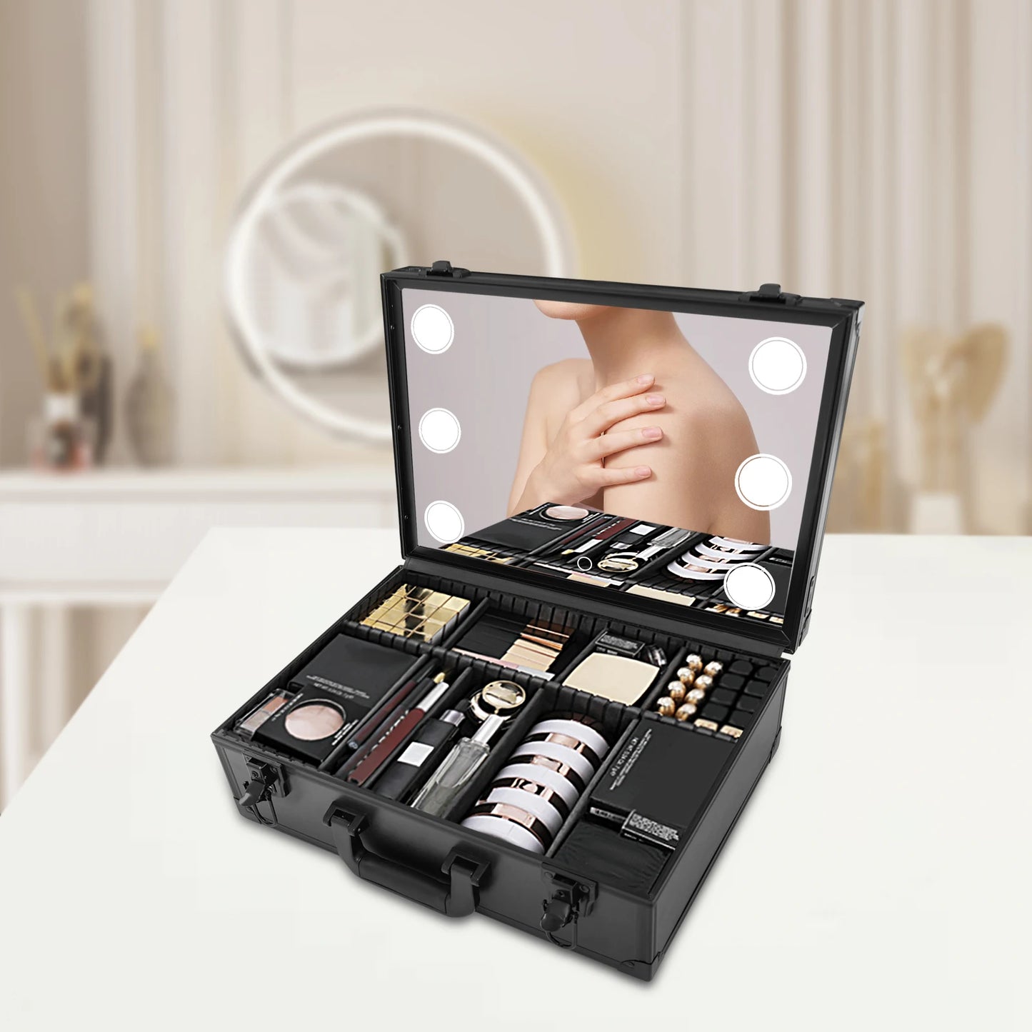 Professional Makeup Case w/LED Mirror 9 Compartments, 3 Light Modes, Touch Control Portable Cosmetic Organizer for Artists