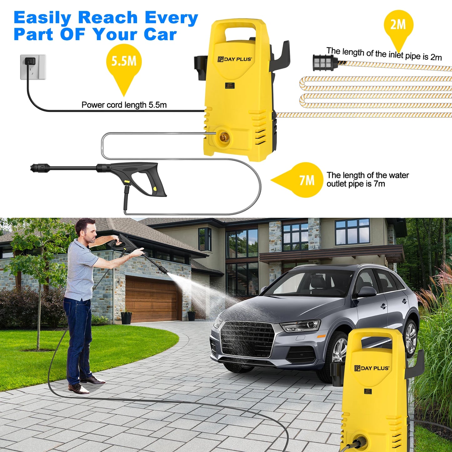 1800W 1.6GPM Electric Power Washer with 3-in-1 Nozzle, Adjustable Spray Gun for Garden/Driveway/Deck Cleaning, High Pressure