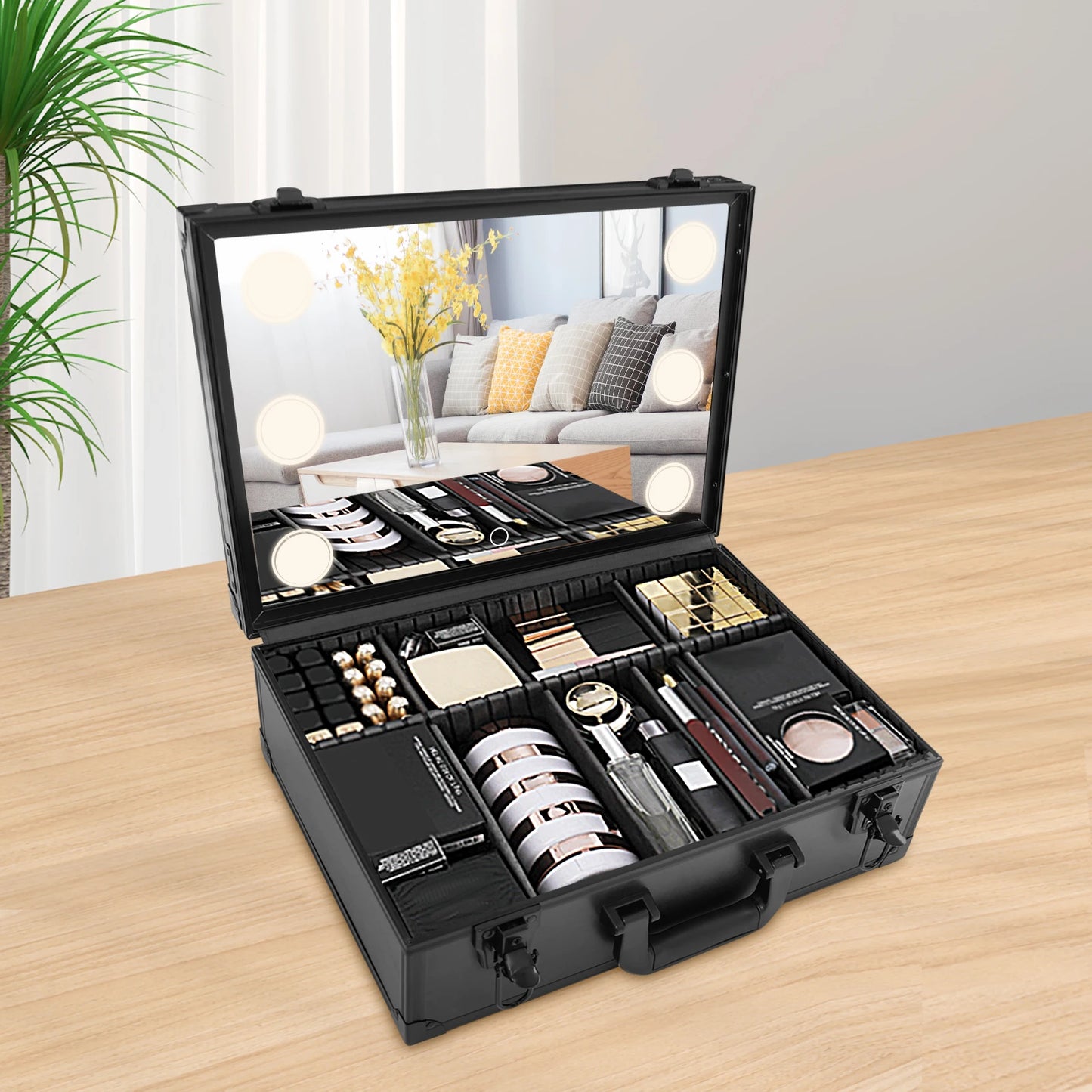 Professional Makeup Case w/LED Mirror 9 Compartments, 3 Light Modes, Touch Control Portable Cosmetic Organizer for Artists