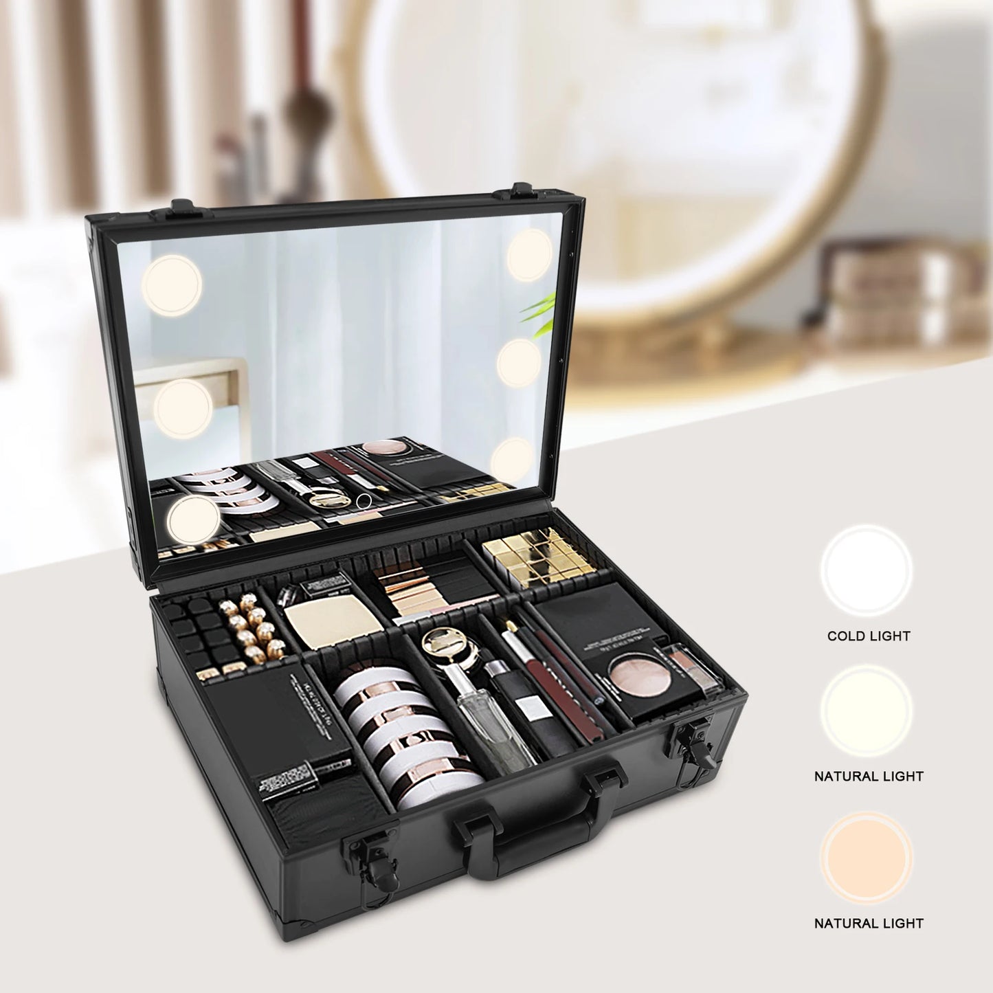 Professional Makeup Case w/LED Mirror 9 Compartments, 3 Light Modes, Touch Control Portable Cosmetic Organizer for Artists