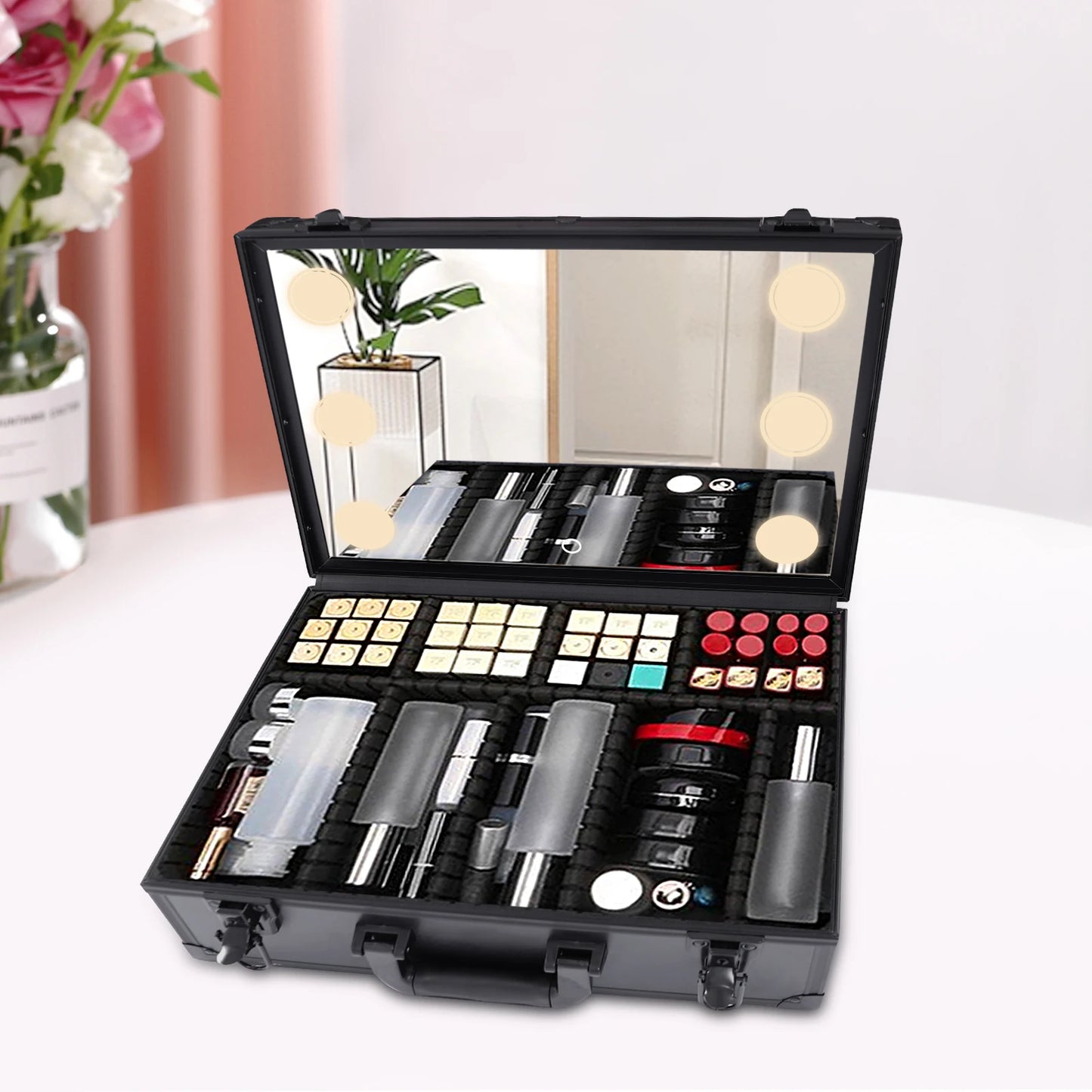 Professional Makeup Case w/LED Mirror 9 Compartments, 3 Light Modes, Touch Control Portable Cosmetic Organizer for Artists