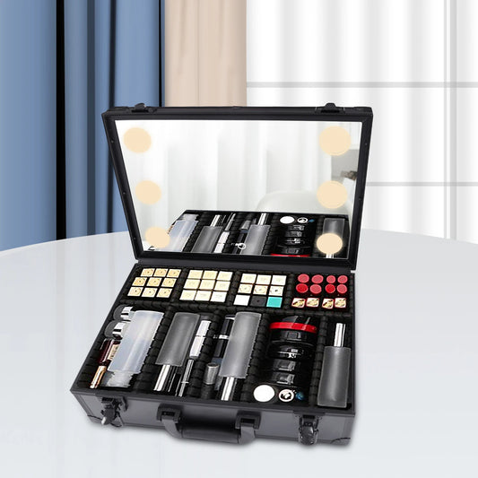 Professional Makeup Case w/LED Mirror 9 Compartments, 3 Light Modes, Touch Control Portable Cosmetic Organizer for Artists